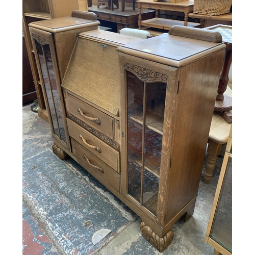 61 - An early/mid 20th century oak bureau display cabinet - approx. 110cm high x 120cm wide x 34cm deep