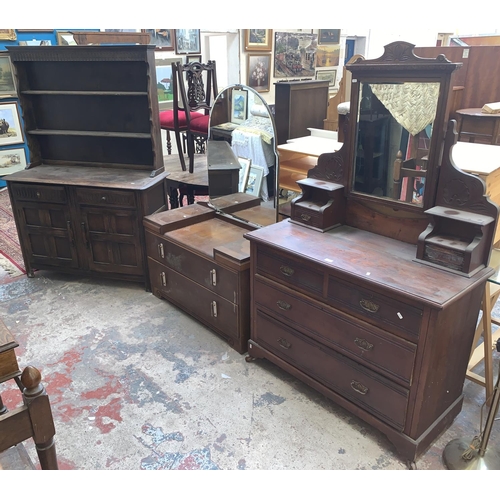 64 - Three pieces of furniture, one Edwardian mahogany dressing chest with bevelled edge swing mirror - a... 