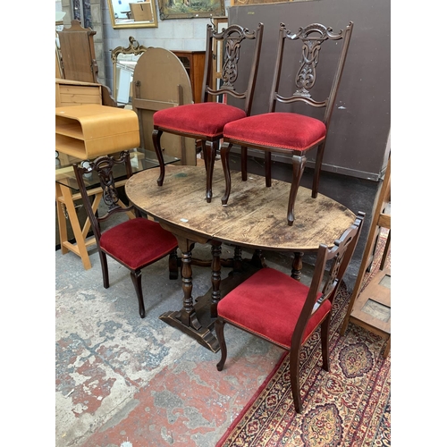 69 - Five pieces of furniture, one oak drop leaf gate leg dining table and four Edwardian mahogany and re... 