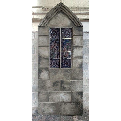 7 - A painted wooden church window theatre prop - approx. 304cm high x 122cm wide