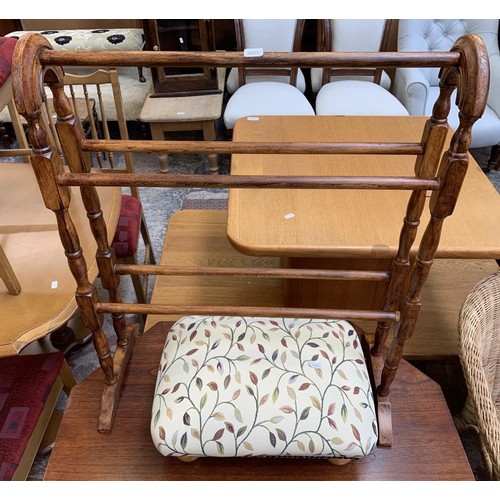 110 - Four pieces of furniture, one wicker armchair, one Edwardian style stained beech towel rail, one uph... 