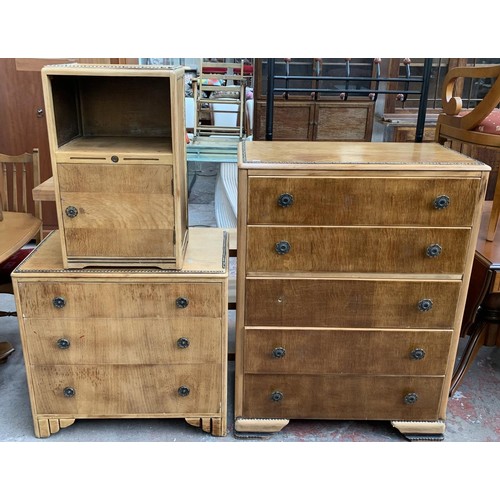 142 - An Art Deco style oak three piece bedroom suite with metal beaded decoration comprising two chests o... 