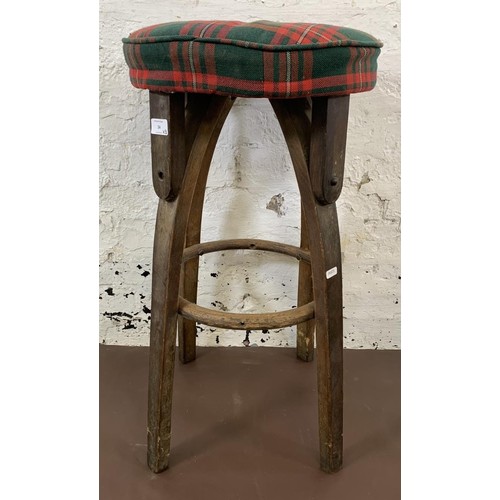 24 - Three stools, vintage bentwood barstool - approx. 72cm high, carved elm milking stool - approx. 35cm... 