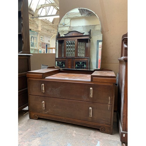 64 - Three pieces of furniture, one Edwardian mahogany dressing chest with bevelled edge swing mirror - a... 