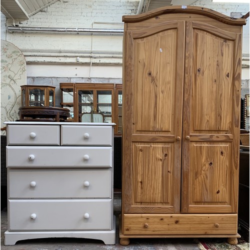 113 - Two pieces of pine furniture, one double wardrobe with lower drawer and one painted chest of two sho... 