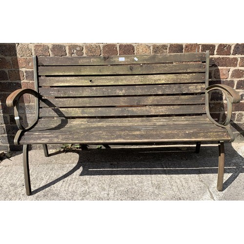 144 - A wrought iron and wooden slatted garden bench - approx. 78.5cm high x 128cm wide x 51cm deep