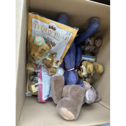 1150 - Two boxes containing doll furniture, soft toys, sealed The Teddy Bear Collection magazines with bear... 