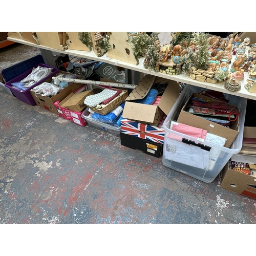 1155 - Eight boxes containing house clearance items to include assorted fabric, gift bags, plastic cups, st... 