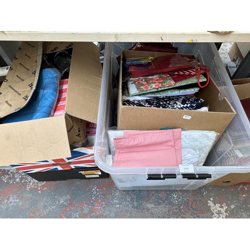 1155 - Eight boxes containing house clearance items to include assorted fabric, gift bags, plastic cups, st... 