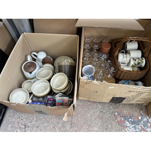 1158 - Four boxes containing Scottish stoneware bowls, teapot and cups, glassware, Nao by Llandro ceramic g... 