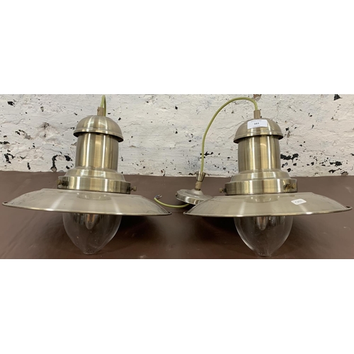 161 - A pair of mid 20th century style industrial brushed brass ceiling pendant lights