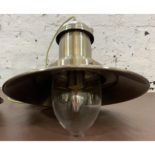 161 - A pair of mid 20th century style industrial brushed brass ceiling pendant lights