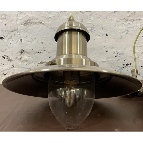 161 - A pair of mid 20th century style industrial brushed brass ceiling pendant lights