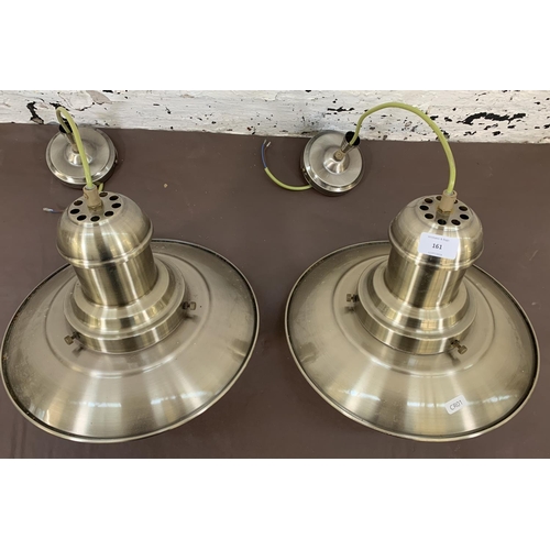 161 - A pair of mid 20th century style industrial brushed brass ceiling pendant lights