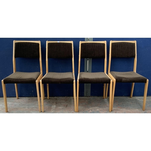 177 - A set of four mid 20th century beech and brown fabric upholstered dining chairs