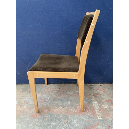 177 - A set of four mid 20th century beech and brown fabric upholstered dining chairs