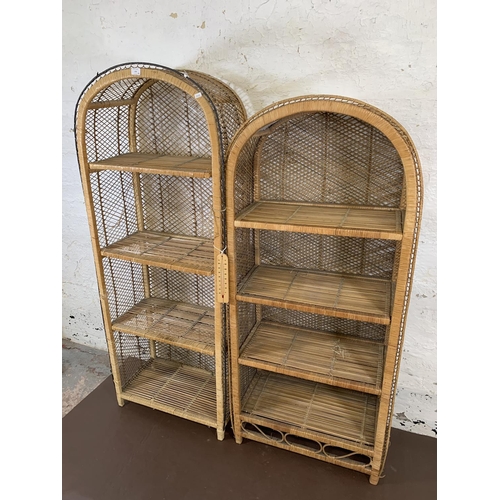 179 - Two mid 20th century wicker four tier freestanding bookcases - largest approx. 160cm high x 66cm wid... 