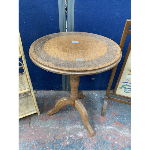 180 - Three pieces of furniture, vintage carved oak pedestal side table - approx. 62cm high x 49cm diamete... 