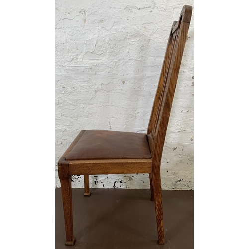 189 - Four early 20th century oak and brown vinyl dining chairs - approx. 105cm high x 45cm wide x 44cm de... 