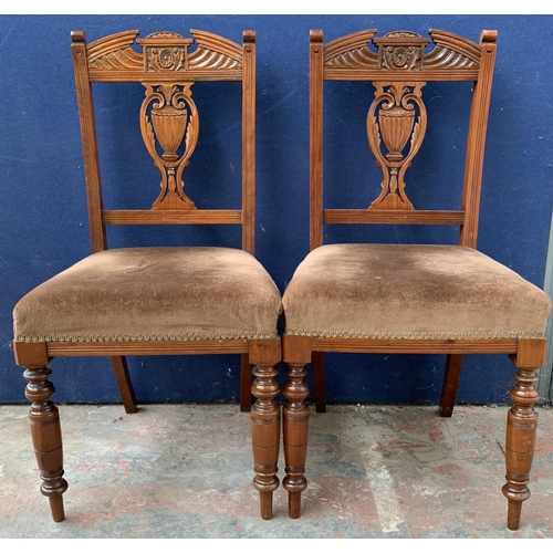 214 - A pair of late Victorian mahogany and brown upholstered dining chairs - approx. 90cm high x 46cm wid... 