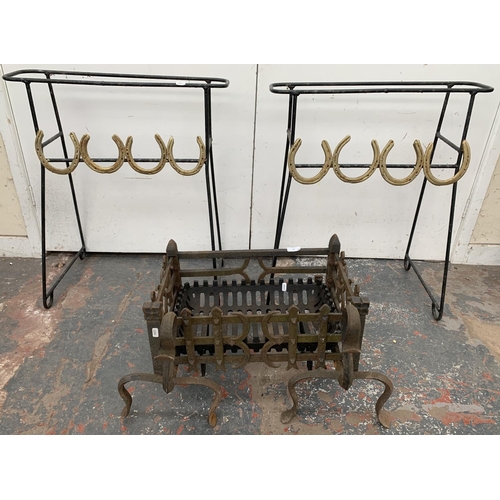 32 - Three items, 19th century style Gothic Revival cast iron fire grate - approx. 35cm high x 49cm wide ... 