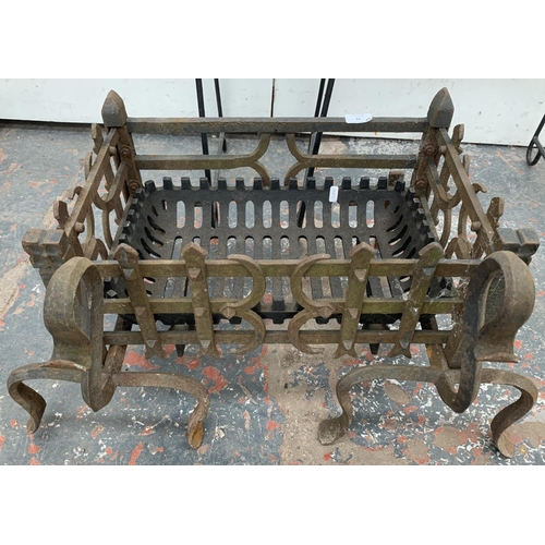 32 - Three items, 19th century style Gothic Revival cast iron fire grate - approx. 35cm high x 49cm wide ... 