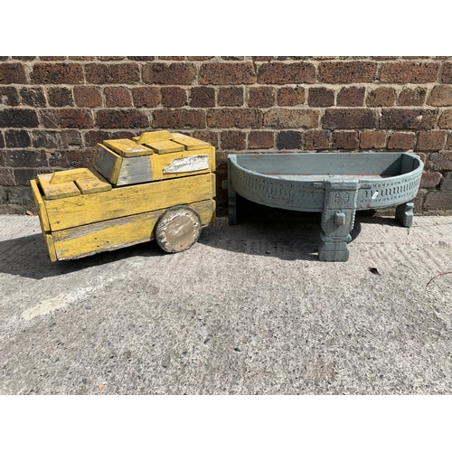 37 - Two wooden and painted garden planters, one Only Fools and Horses Del Boy yellow van and one half mo... 