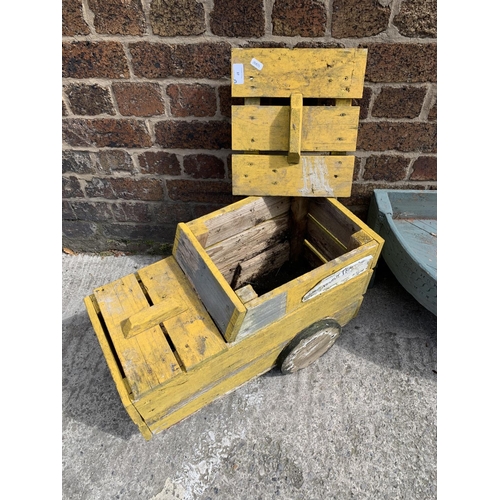 37 - Two wooden and painted garden planters, one Only Fools and Horses Del Boy yellow van and one half mo... 