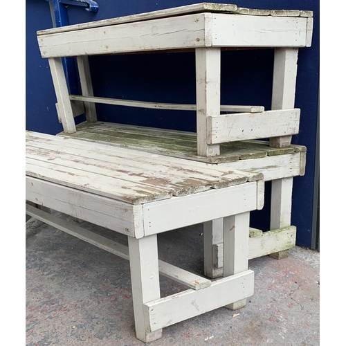 234 - Three matching painted pine garden benches - each approx. 46cm high x 127cm long x 34cm deep