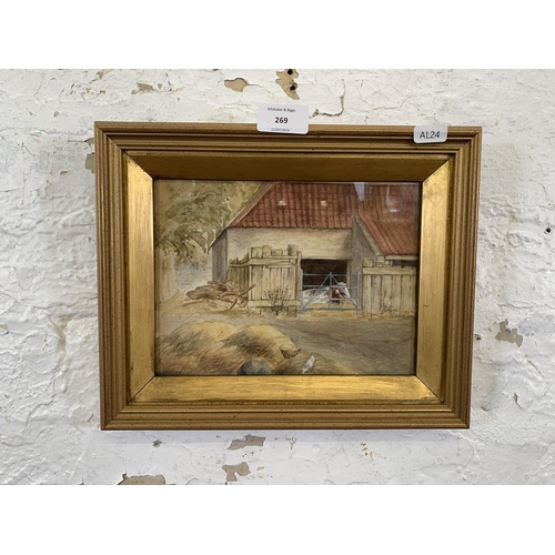 269 - A vintage gilt framed watercolour painting of a farm scene - approx. 24cm high x 30cm wide