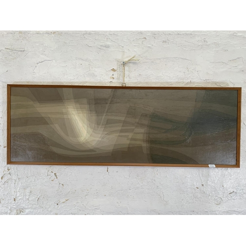 271 - A mid 20th century teak framed Modernist abstract oil on board initialled lower right and dated '73 ... 