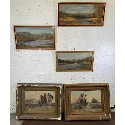 274 - Five oil paintings, three mid 20th century oil on board landscapes and two William Edward Webb (1862... 