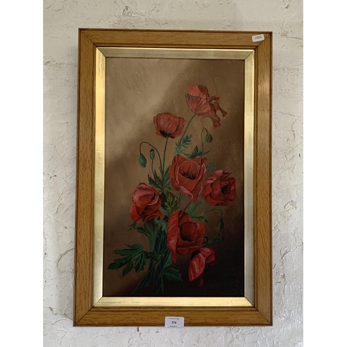 276 - A mid 20th century framed oil on board still life painting of a floral scene - approx. 61cm high x 4... 