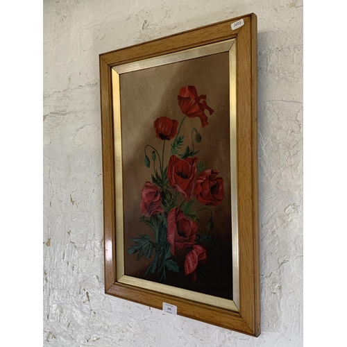 276 - A mid 20th century framed oil on board still life painting of a floral scene - approx. 61cm high x 4... 