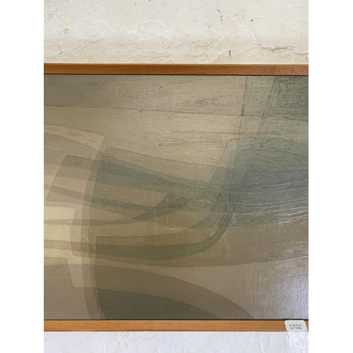 271 - A mid 20th century teak framed Modernist abstract oil on board initialled lower right and dated '73 ... 