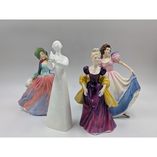 406 - Four Royal Doulton figurines, Autumn Breezes HN1911, Loretta HN2337, Angela HN3419 and Peace HN2470