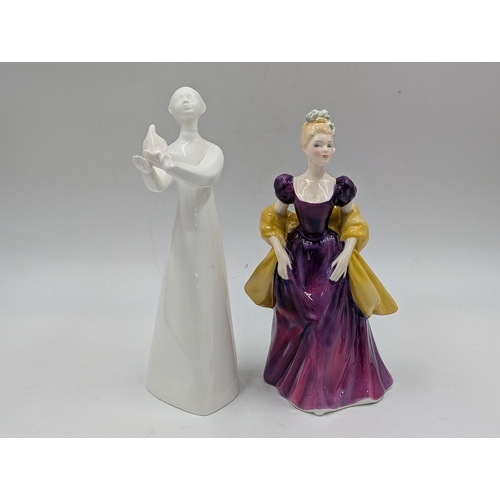 406 - Four Royal Doulton figurines, Autumn Breezes HN1911, Loretta HN2337, Angela HN3419 and Peace HN2470