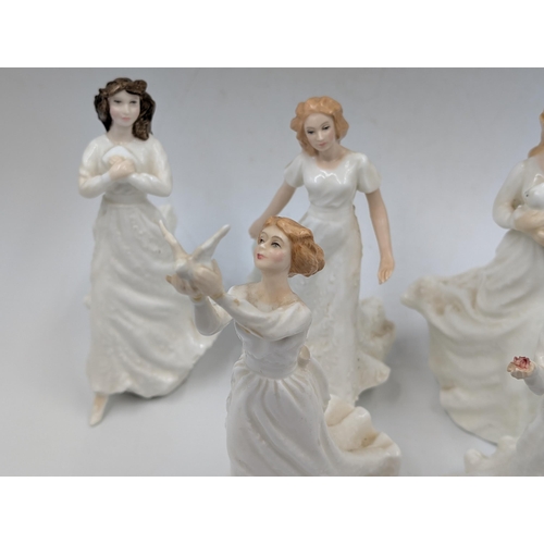 416 - Six Royal Doulton figurines, With Love HN3393, Thinking of You HN3124, Forget-Me-Not HN3388, Loving ... 