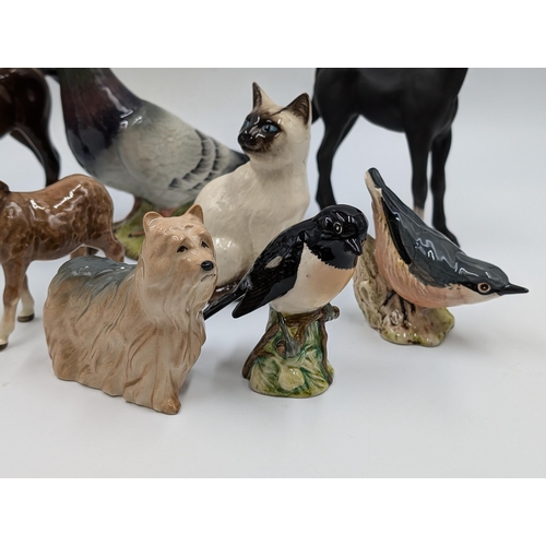 421 - Eight Beswick ceramic animal figurines to include Pigeon model no. 1383, Nuthatch model no. 2413, Do... 