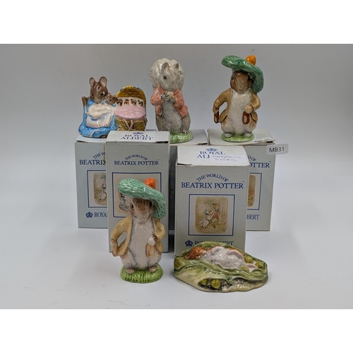 422 - Five Beatrix Potter ceramic figurines, Beswick Benjamin Bunny, Royal Albert Benjamin Bunny, Royal Al... 