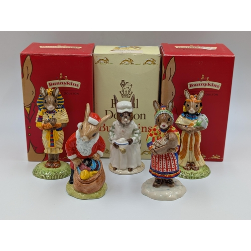 429 - Five Royal Doulton Bunnykins figurines, boxed Tutankhamun - DB296, boxed Ankhesen Amun - DB295, Sant... 