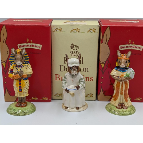 429 - Five Royal Doulton Bunnykins figurines, boxed Tutankhamun - DB296, boxed Ankhesen Amun - DB295, Sant... 