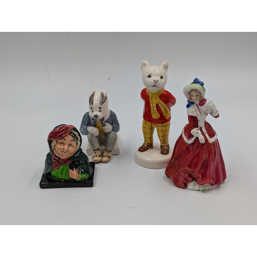 454 - Four ceramic figurines, Beswick Rupert and His Friends 'Bill Badger', Royal Doulton Christmas Morn -... 