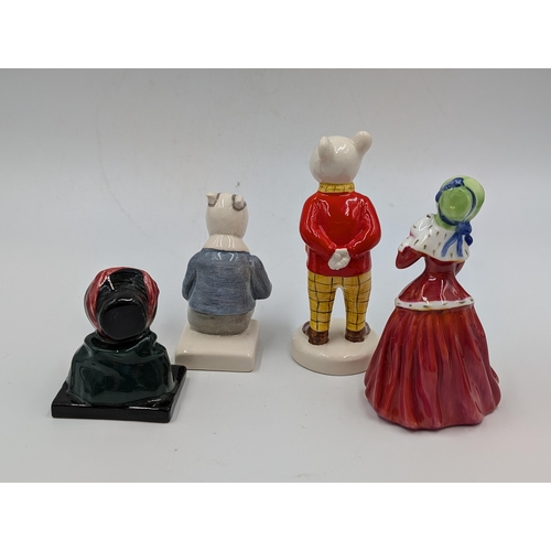 454 - Four ceramic figurines, Beswick Rupert and His Friends 'Bill Badger', Royal Doulton Christmas Morn -... 