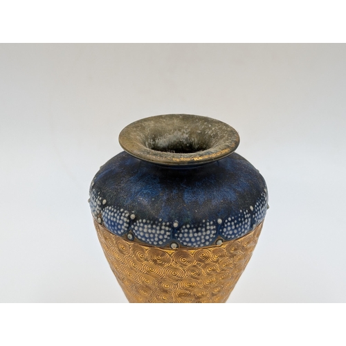 469 - A Royal Doulton blue glazed and gold painted tapered vase - approx. 15cm high