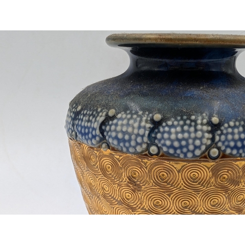 469 - A Royal Doulton blue glazed and gold painted tapered vase - approx. 15cm high