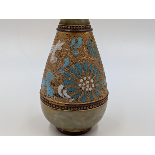 471 - A Doulton Lambeth green glazed and gold painted tapered vase - approx. 16.5cm high