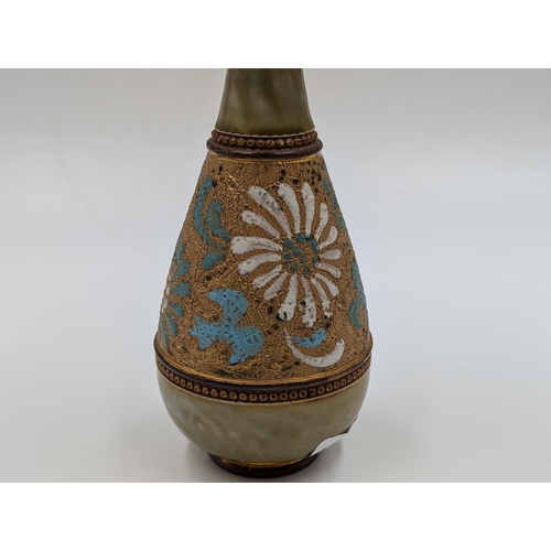 471 - A Doulton Lambeth green glazed and gold painted tapered vase - approx. 16.5cm high