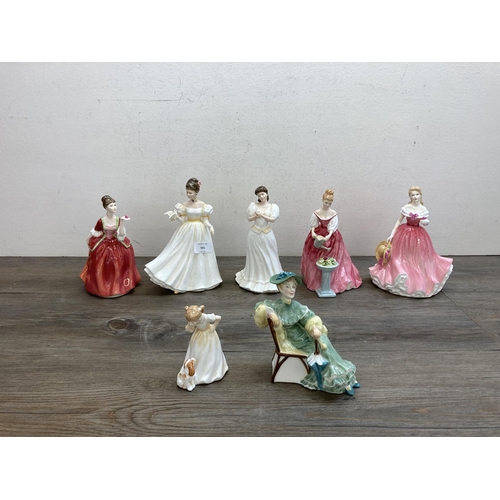 501 - Seven Royal Doulton bone china figurines, Rosie HN4094, Ascot HN2356, Sit HN3123, Alexandra HN3292, ... 