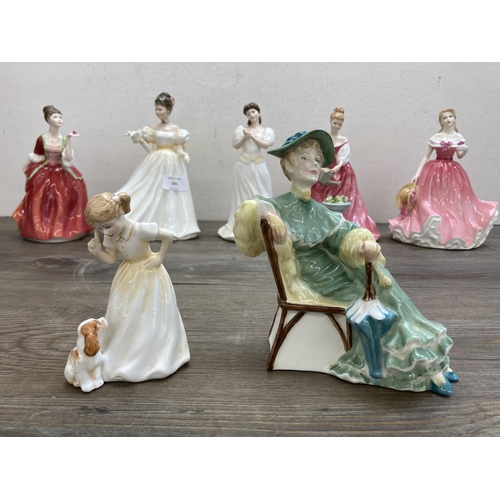 501 - Seven Royal Doulton bone china figurines, Rosie HN4094, Ascot HN2356, Sit HN3123, Alexandra HN3292, ... 